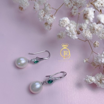 Hoa tai ngọc trai đính đá xanh HTĐX