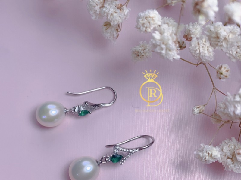 Hoa tai ngọc trai đính đá xanh HTĐX